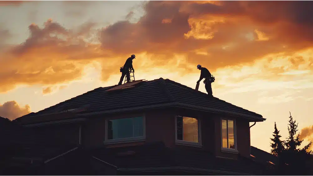 Two Worker Bee roofers finishing a roof at sunset